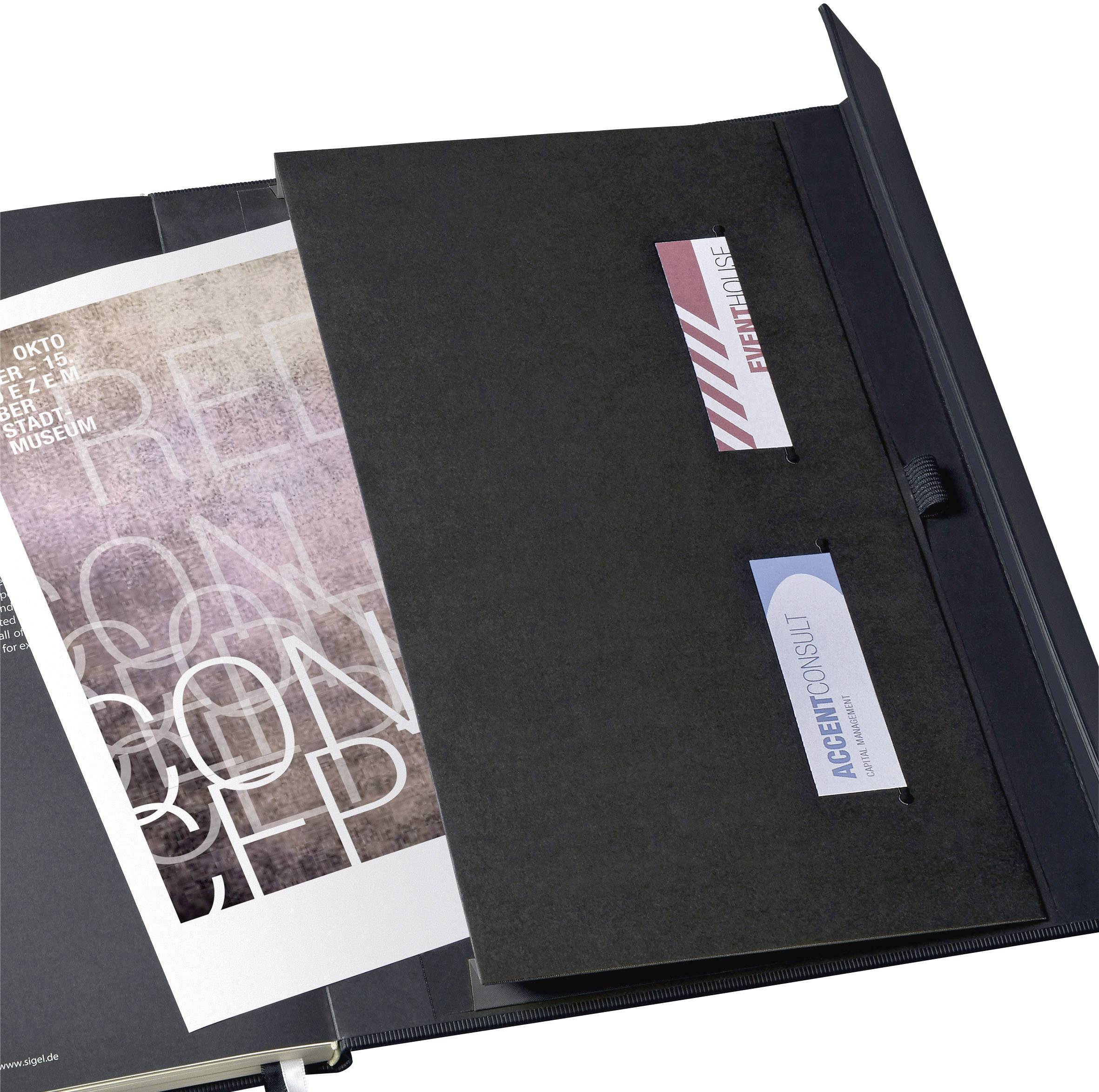 A folder with two business cards and a document in a compartment. The document displays text fragments; the business cards are labelled.