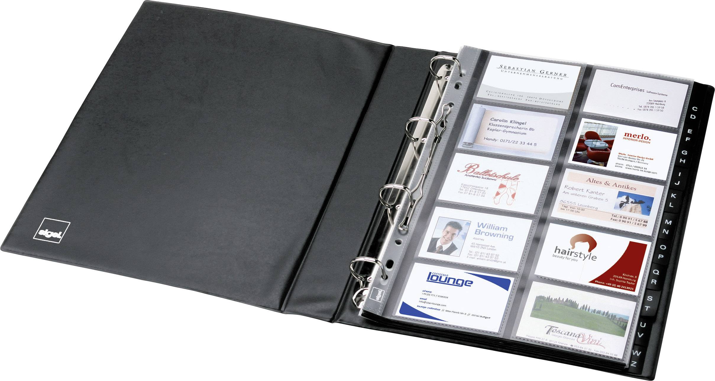 An open black folder with clear plastic sleeves displaying various business cards.
