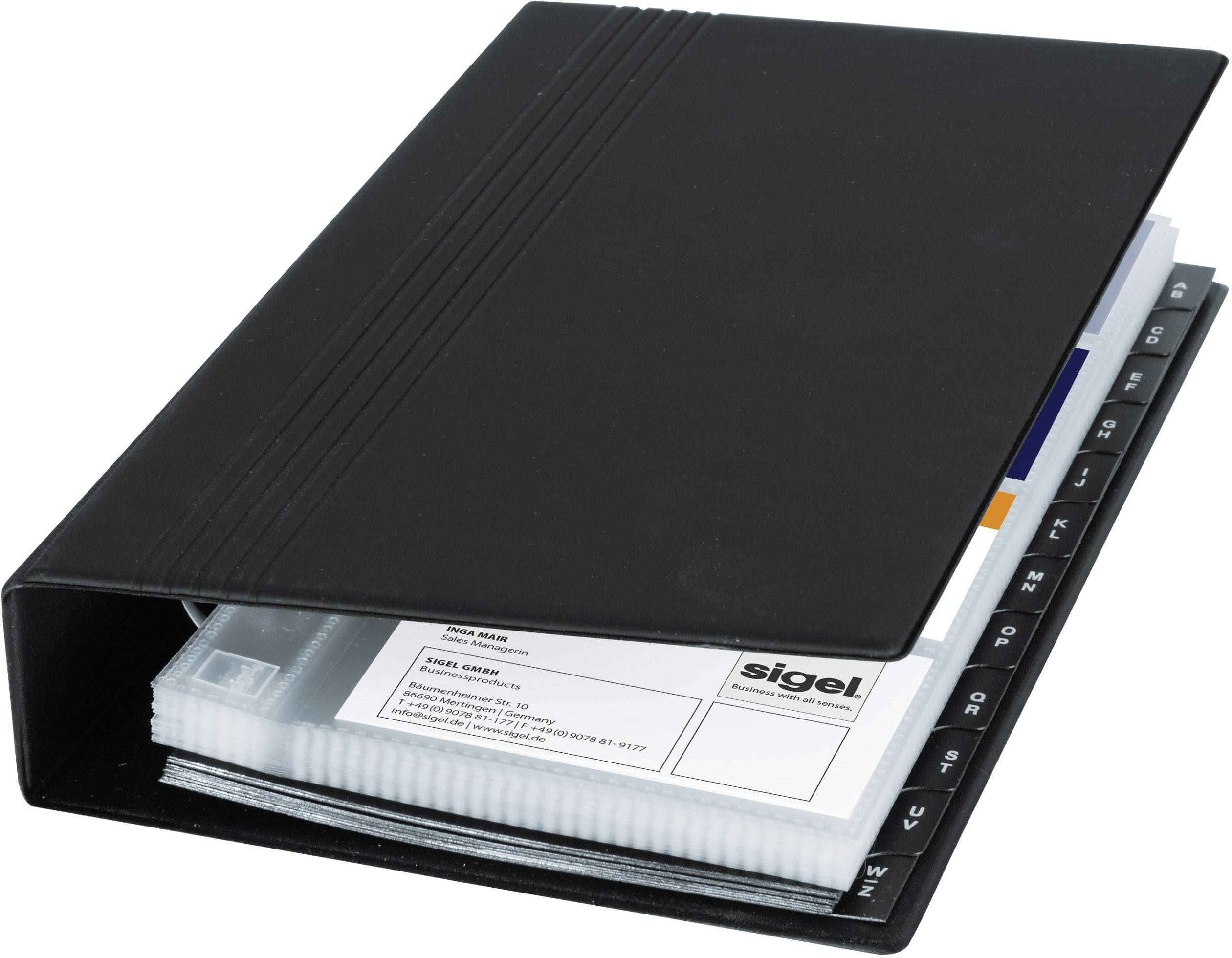 Black ring binder with index sections open. Documents and a business card with the 'sigel' logo and contact information are visible.