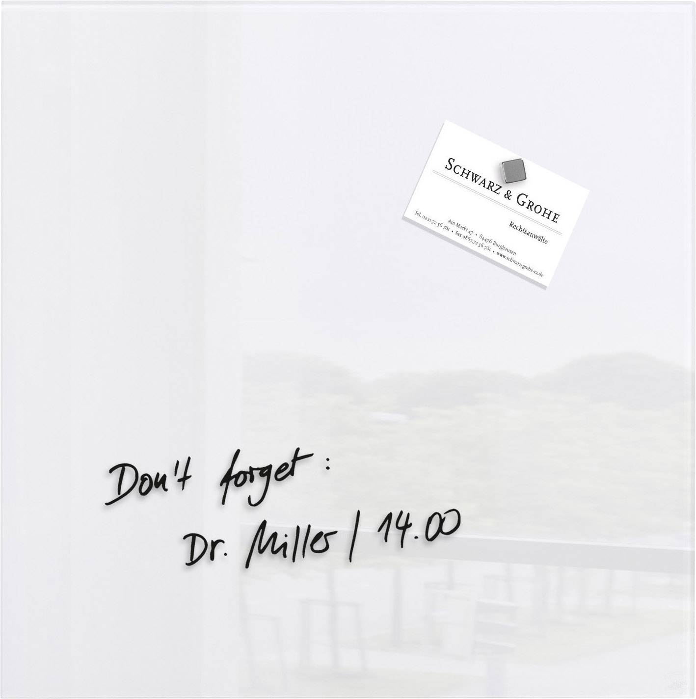 Described whiteboard: 'Don't forget: Dr. Milos / 2:00 PM'. Next to it, a business card for 'Schwarz & Grohe'.
