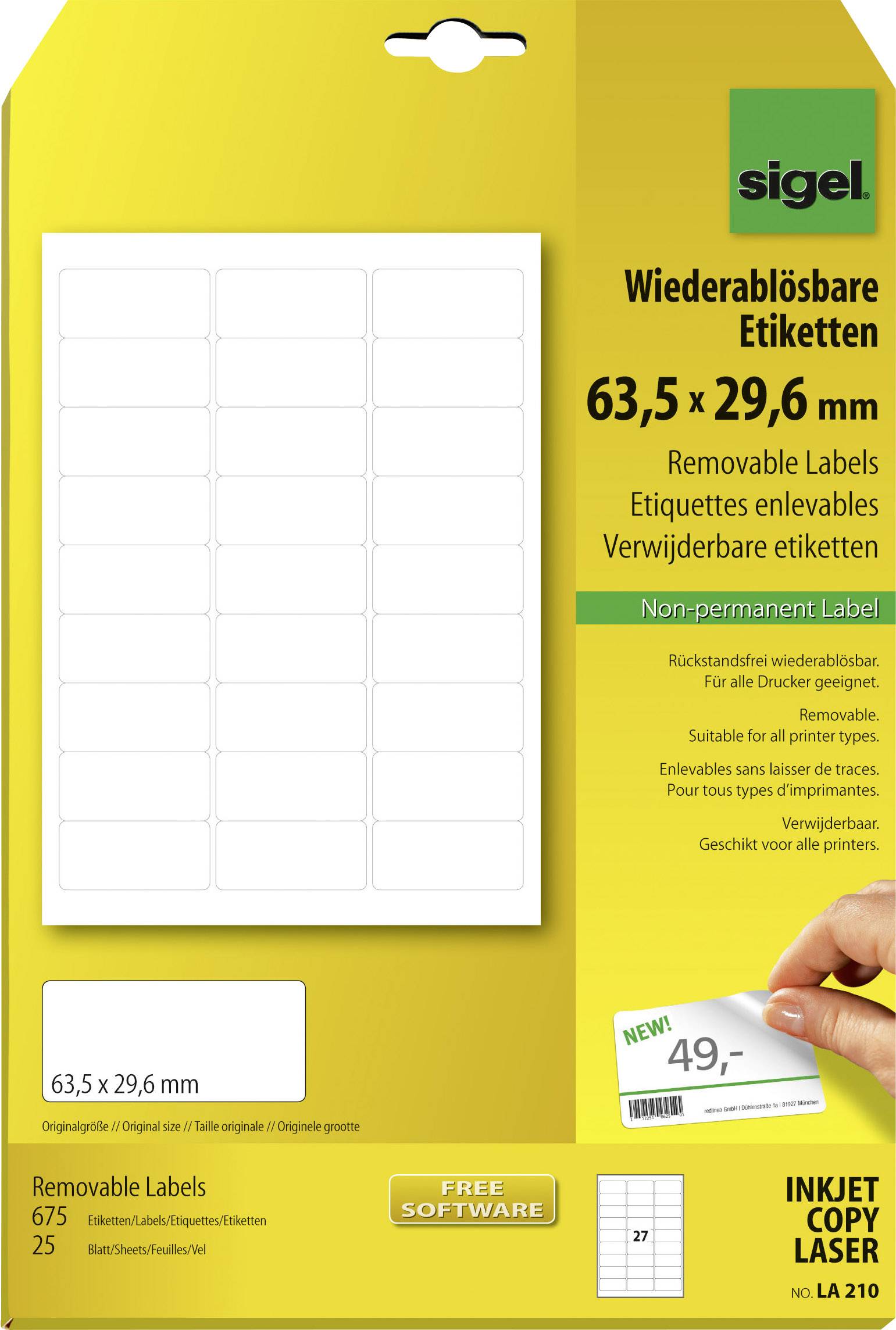 Sigel LA210 All-purpose labels 63.5 x 29.6 mm Paper White 675 pc(s) Removable Inkjet printer, Laser printer, Laser, colour