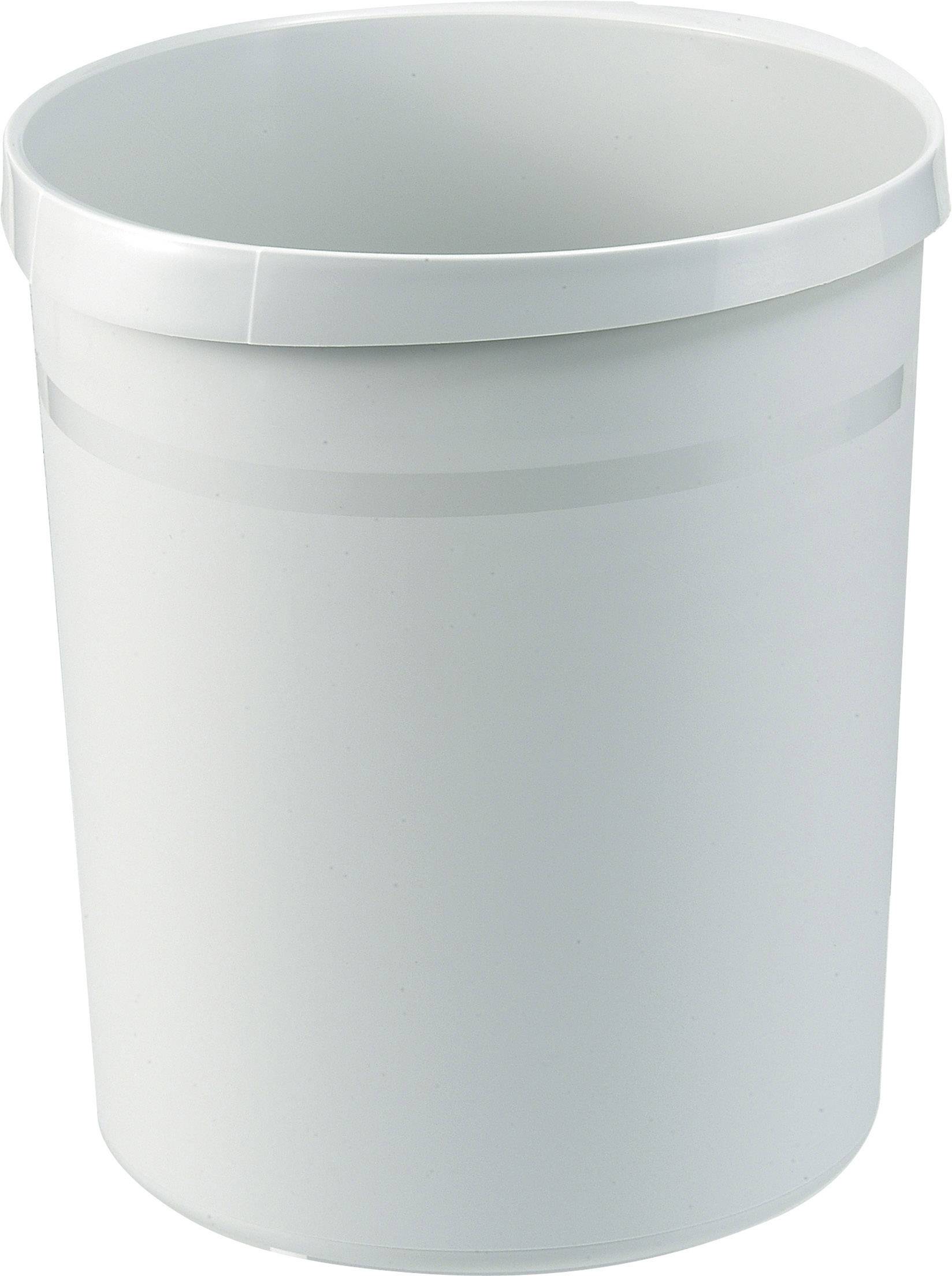 A white plastic rubbish bin, cylindrical and plain, stands upright.