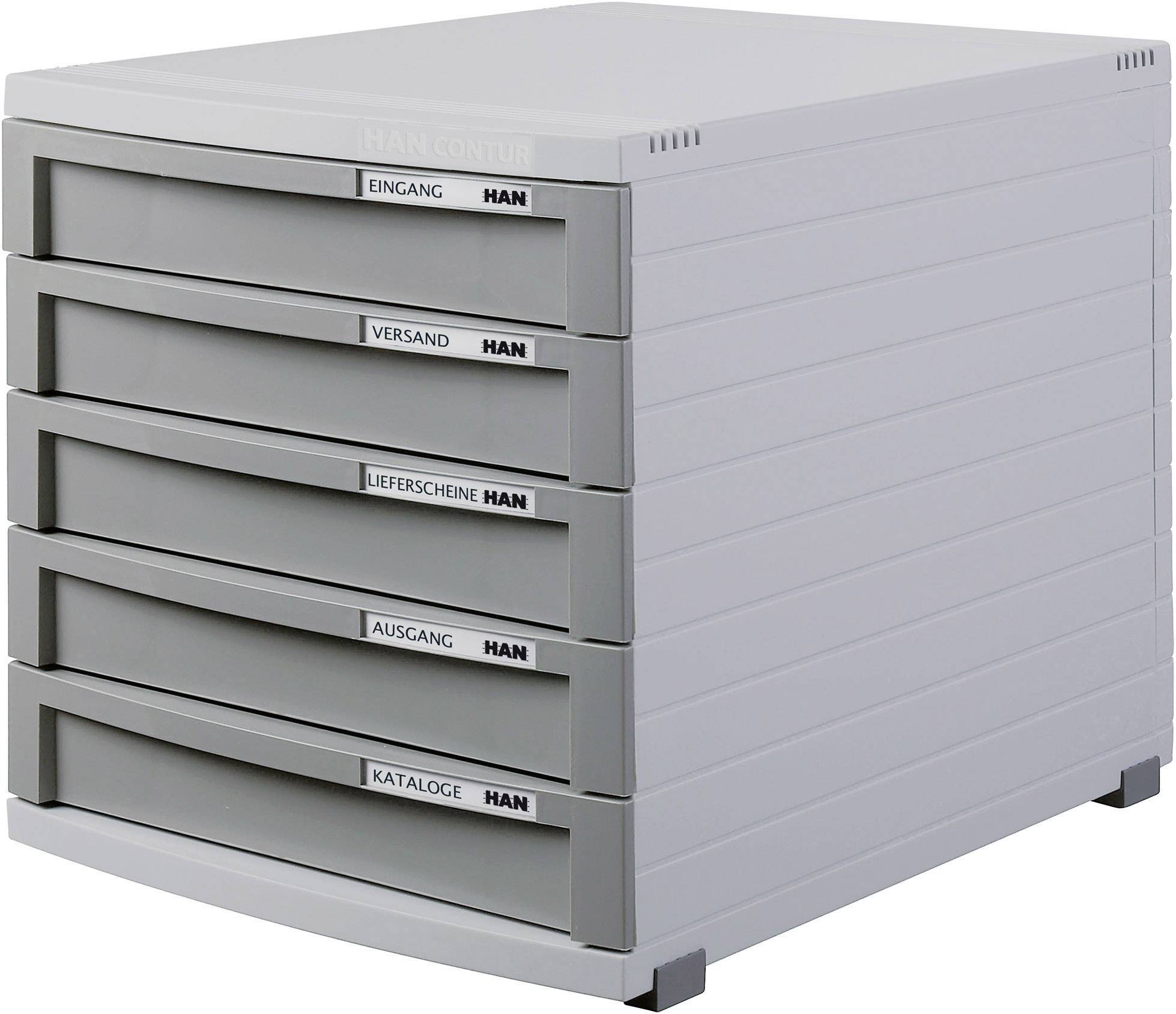 Grey filing cabinet with five drawers, labelled 'Incoming', 'Dispatch', 'Delivery Notes', 'Outgoing', 'Catalogues'. Ideal for document organisation.