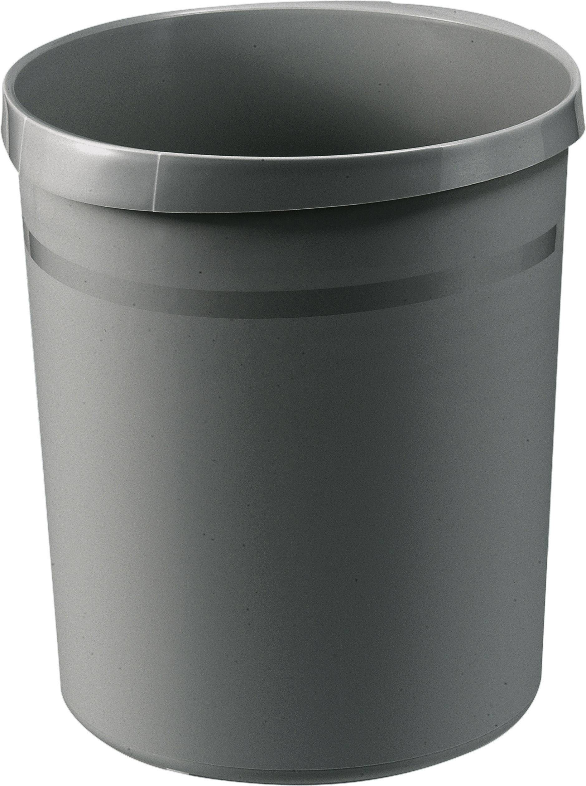 A grey, cylindrical plastic rubbish bin stands upright.