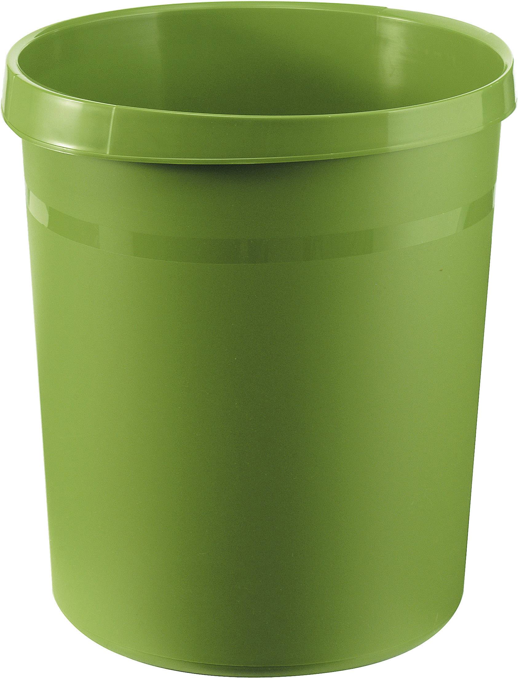 Green plastic rubbish bin with no visible contents, against a neutral background.