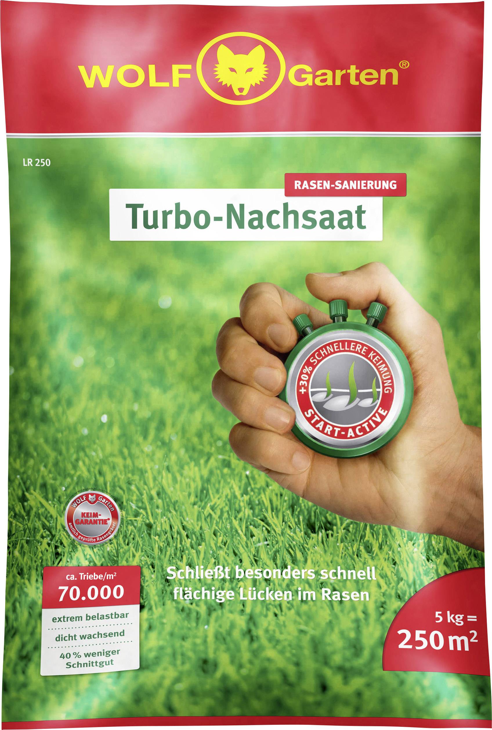 Wolf Garten grass seed bag, 'Turbo Reseeding' for lawn repair, pictured on green grass, 5 kg covers 250 m².