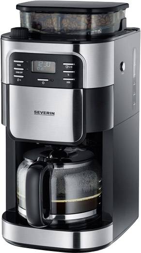 A silver-black coffee machine with a coffee bean container on top, digital display, and glass carafe filled with freshly brewed coffee.