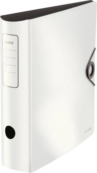 A white folder with a black spine and a closure button. The spine label has lines for writing.