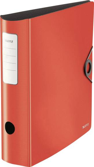 A red Leitz lever arch file with a labelling field and black reinforced hole punches, standing upright.