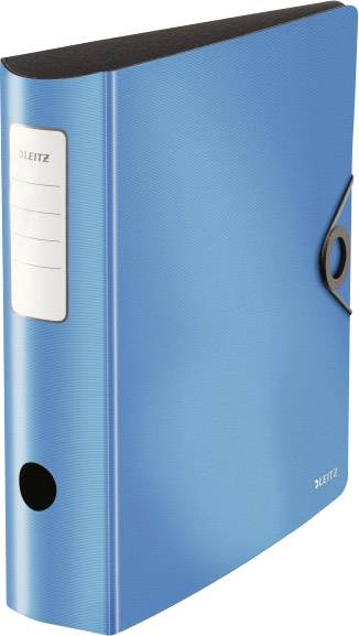 A blue lever arch file in portrait orientation with a label on the side. It has a black reinforced spine and a black closing button.