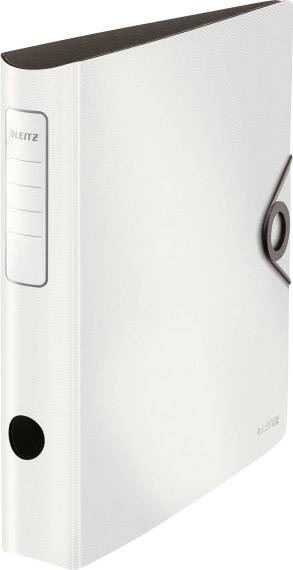 A white Leitz folder with a black border and handle stands upright. The front view shows a label window.