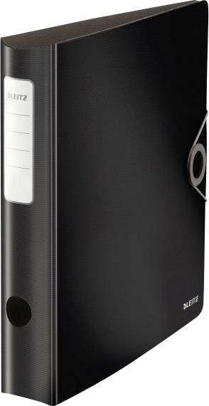 Black lever arch file with labelling field on the spine. Suitable for filing documents.