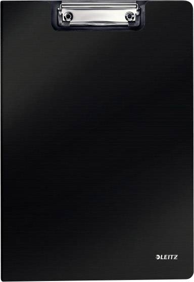 Black clipboard with a silver metal clip at the top and a small 'Leitz' logo in the bottom right corner.