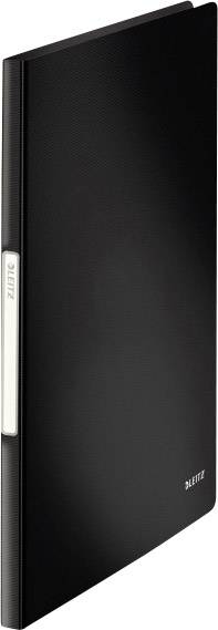Black Leitz lever arch file standing upright, with label on the spine. Ideal for storing documents.
