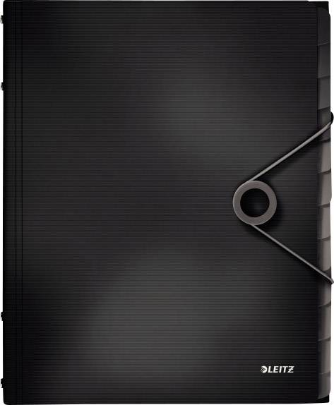 A black Leitz lever arch file with a closure button. The file has angled sides, which is useful for organising documents.