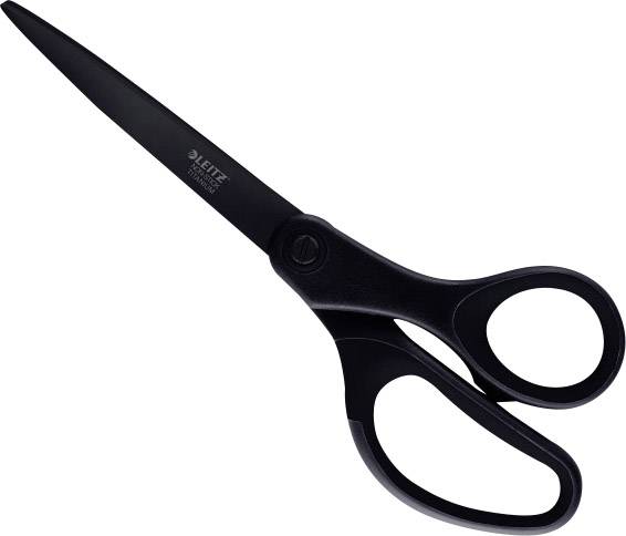 A black pair of scissors with straight blades.