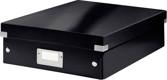 A black archive box with metallic corners and a label holder at the front, perfect for storing documents.