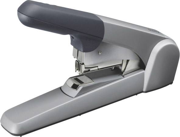 A grey and black desk stapler viewed from the side.