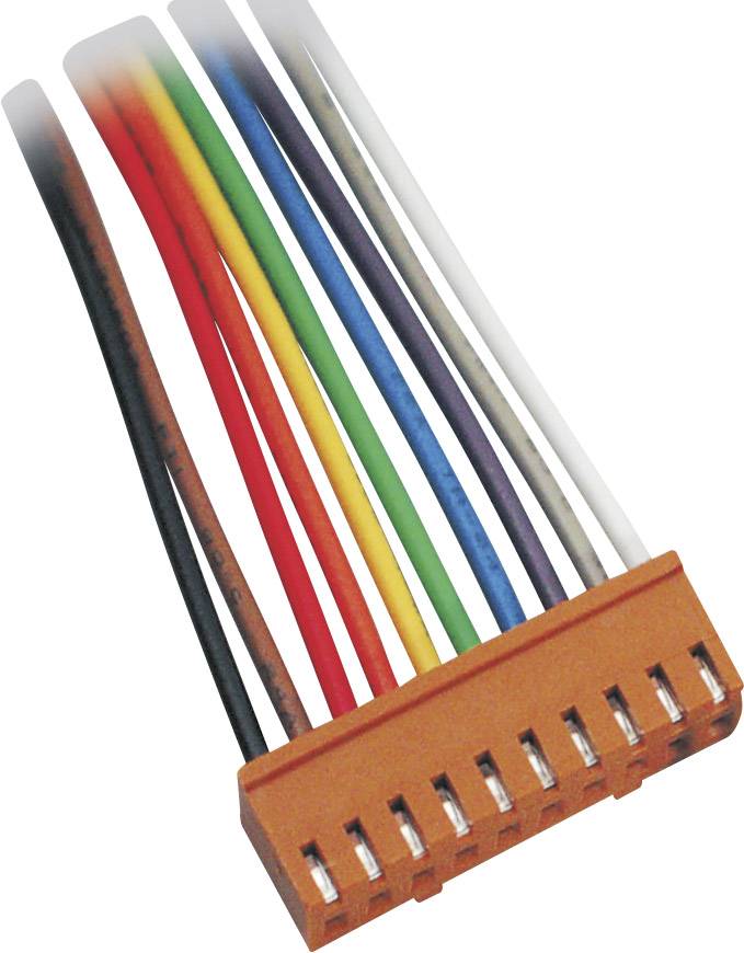 Electronic plug with nine coloured cables (black, brown, red, orange, yellow, green, blue, purple, white) ending in an orange housing.