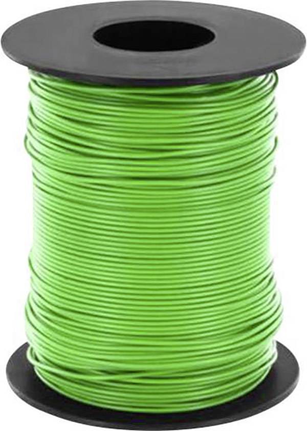 A reel of bright green wire, evenly wound around a black plastic spool core.