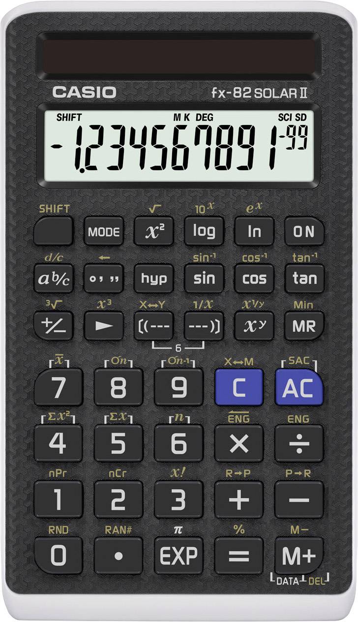 Casio fx-82 Solar II scientific calculator with solar function, displaying the number 123456789 on the screen. Includes mathematical function keys.