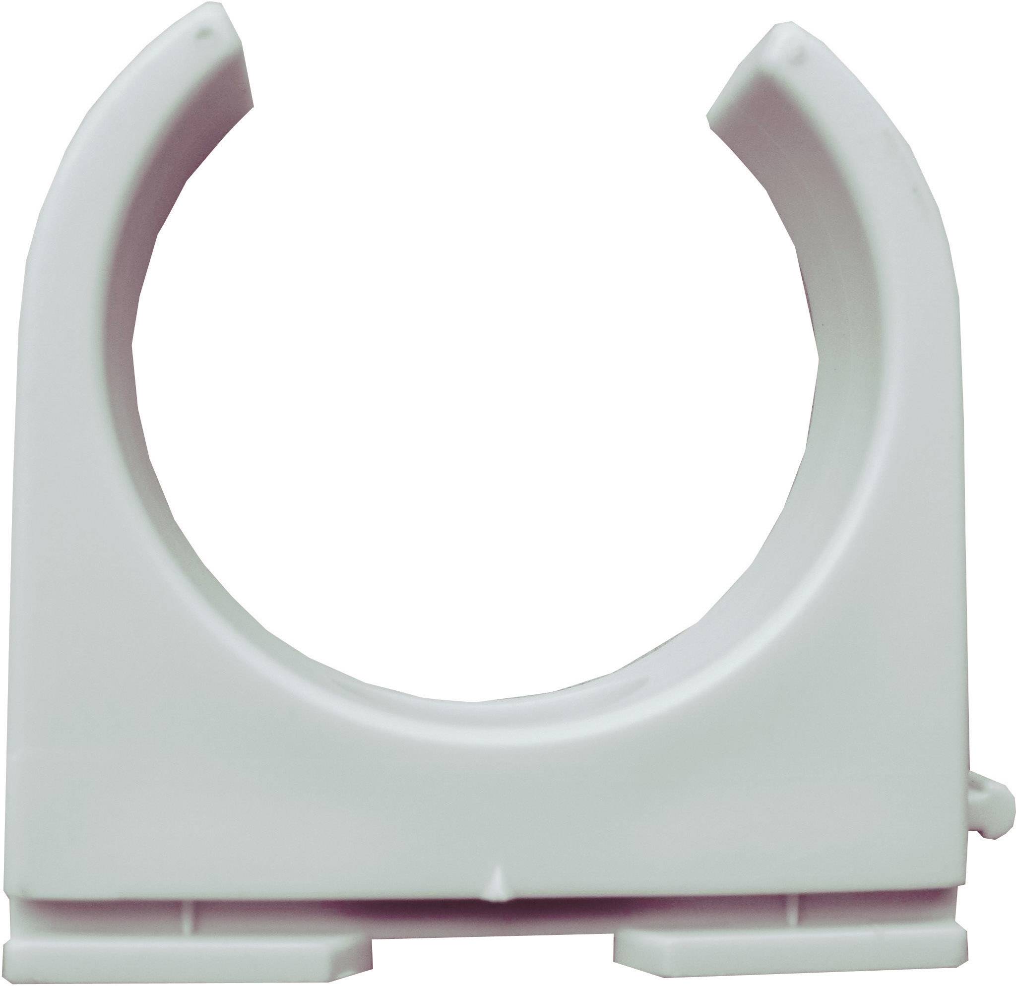 U-shaped plastic pipe clip used for securing pipes to walls or ceilings. It has no visible screws.