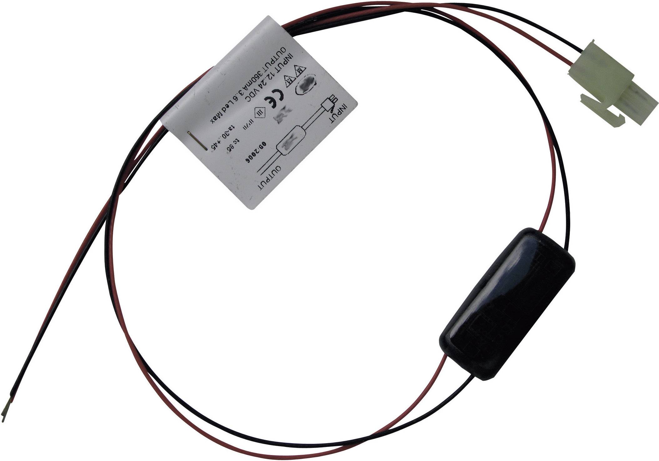 An electronic adapter with cables and a plug. Technical information and symbols are visible on the adapter.