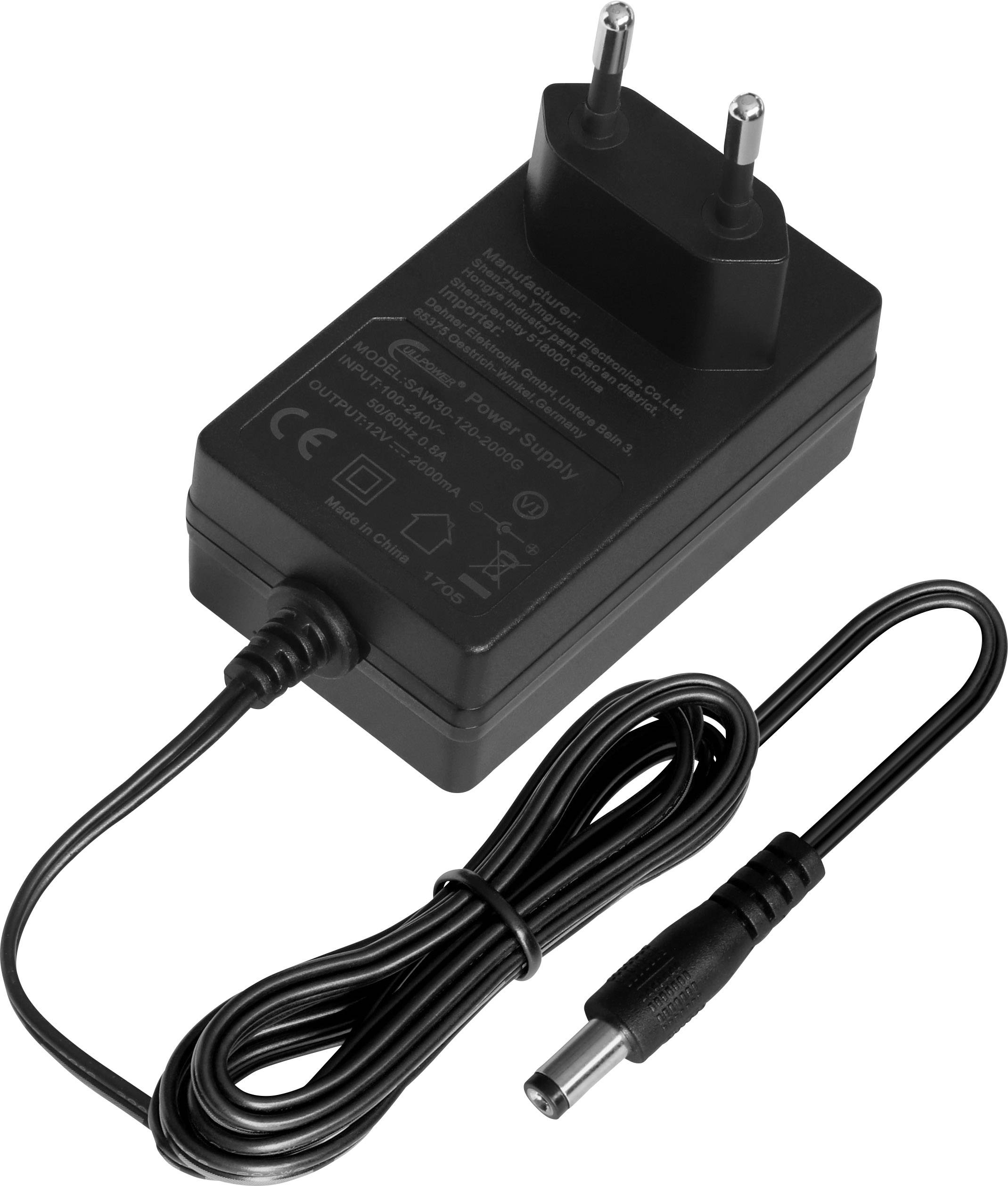 Black power supply with European plug and DC output, suitable for electronic devices with compatible connection.