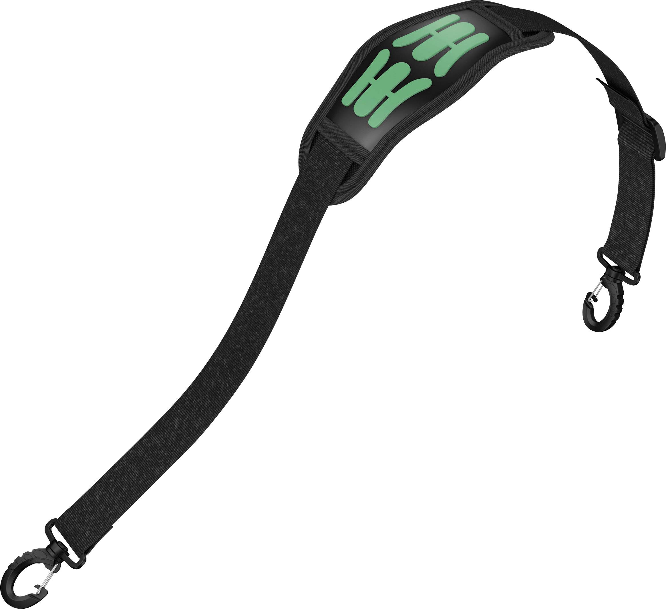 Black shoulder strap with textured, padded contact surface and two carabiner hooks at the ends for attachment.