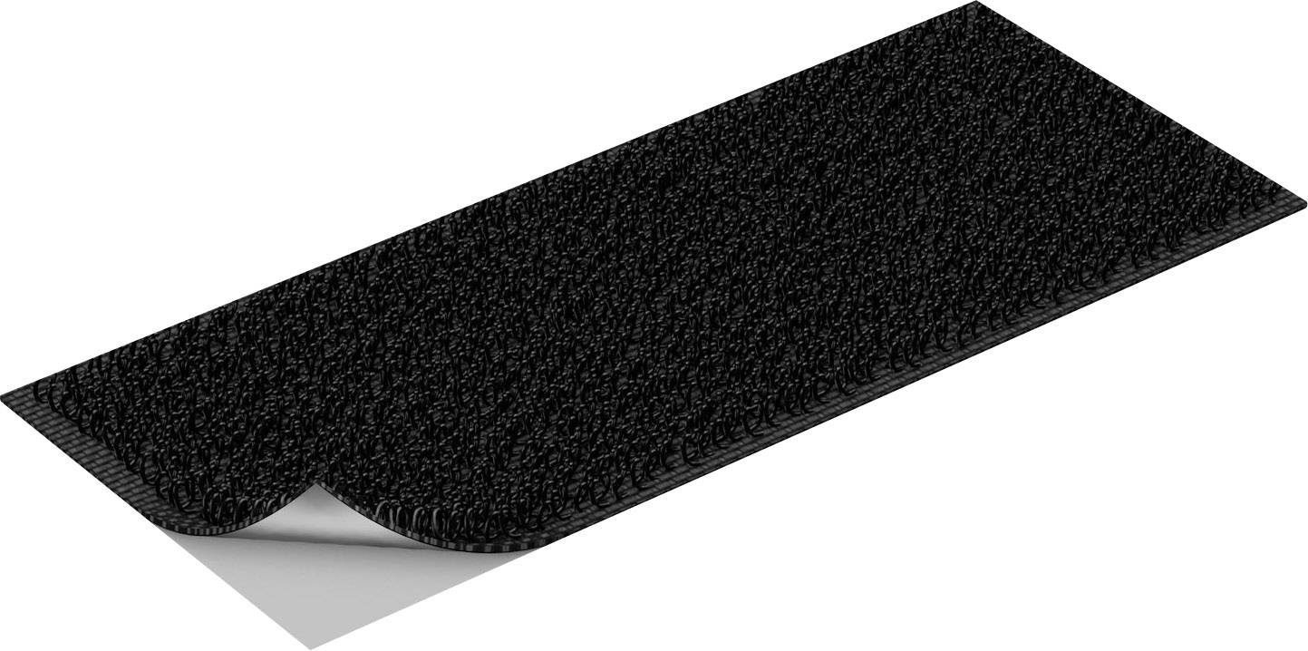 A black hook-and-loop fastener strip with a flat, rough surface and slightly curved at the edge, shows the functional side.