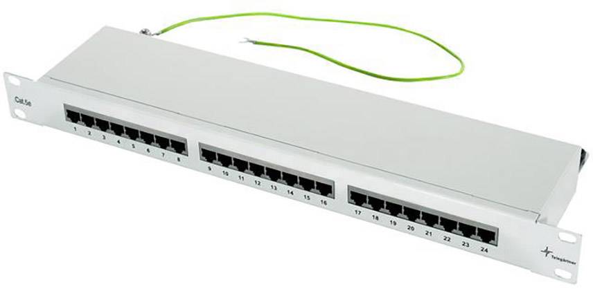 Network patch panel with 24 Ethernet ports in a silver housing. A green earthing cable is connected.