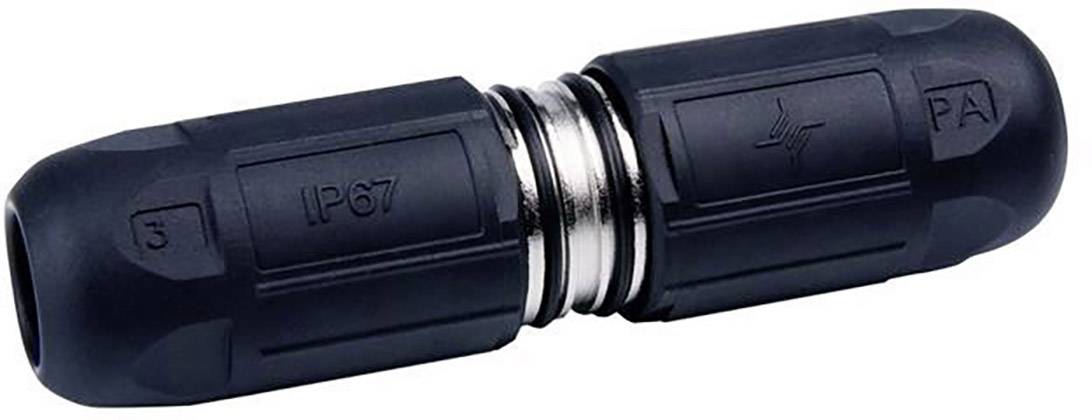 Black waterproof cable connector with IP67 rating, suitable for outdoor use.