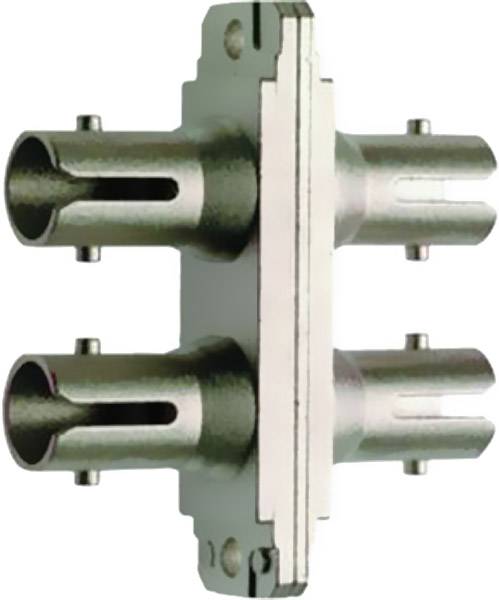 Metallic component with two parallel cylindrical connections. Potentially a part of a mechanical or electrical device.