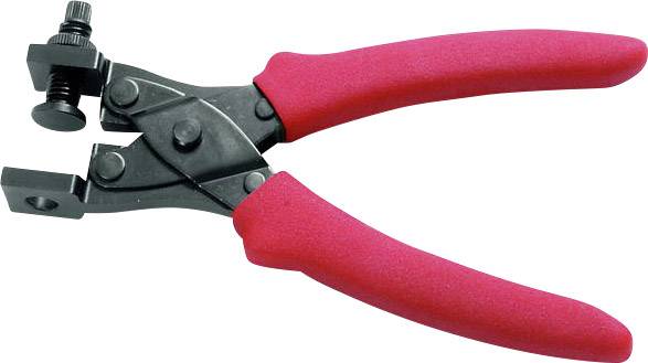 Red wire cutters with a black, adjustable head, suitable for cutting materials or wires.