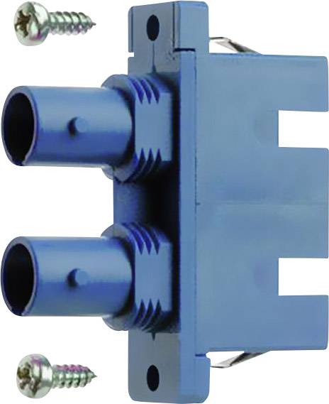 Blue cable connector module with two connections and two fixing screws.