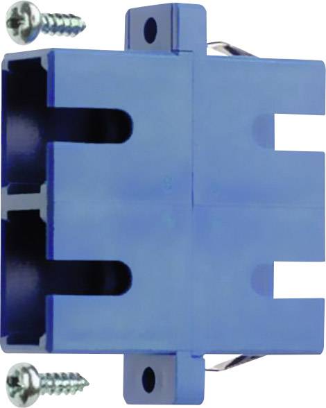 A blue, rectangular wall anchor with two small fixing screws, suitable for securely installing electrical components.