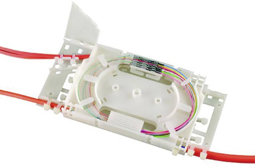 A fibre optic splice cassette shows several colourful fibre optic cables arranged in a white housing.