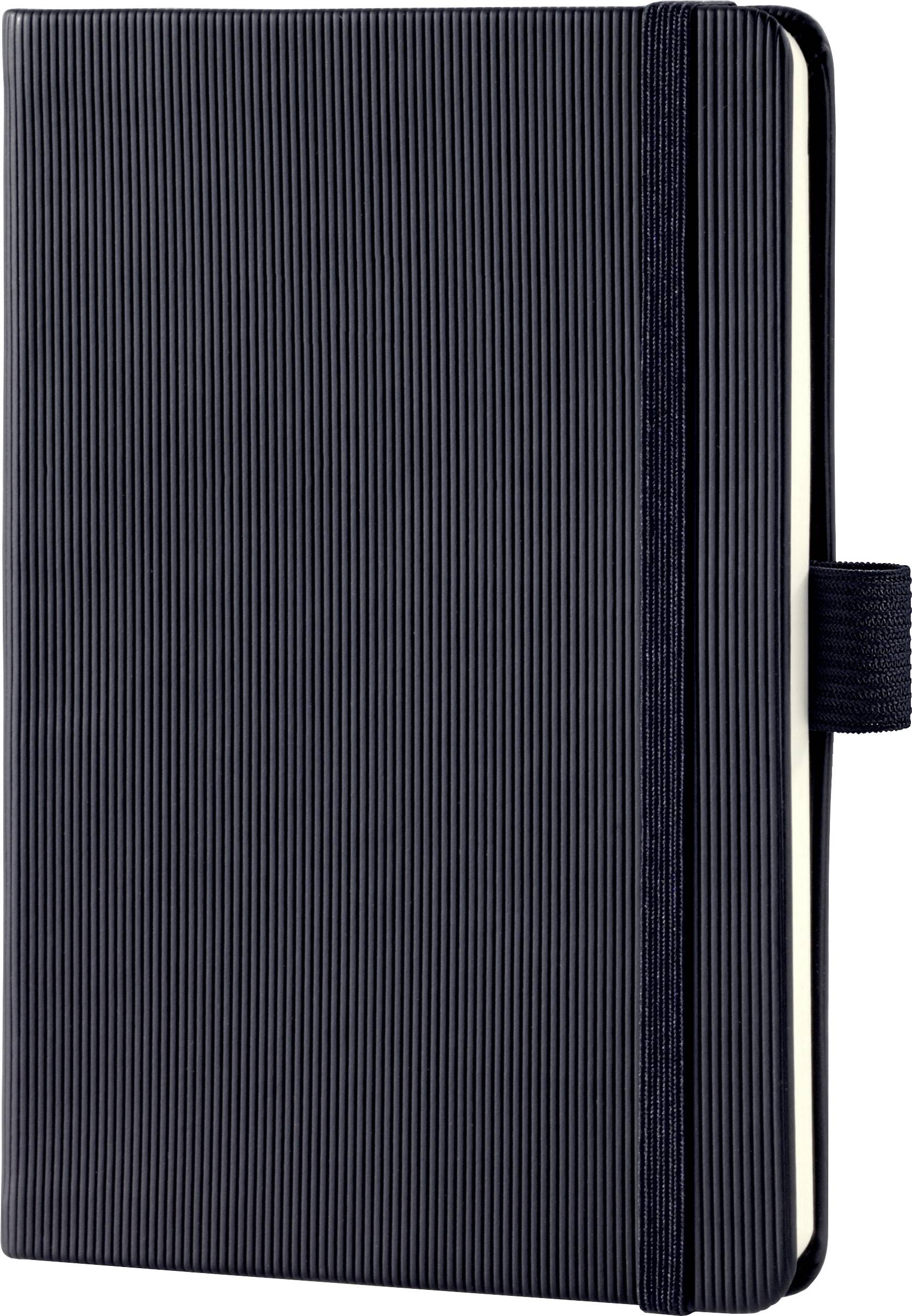 Black, lined notebook with an elastic band closure; shown closed.