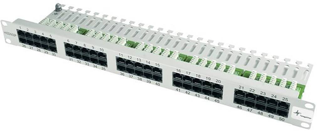 Patch panel with 50 Ethernet ports in two rows. A number is located above each port. The panel is designed for organising network cables in a server rack.