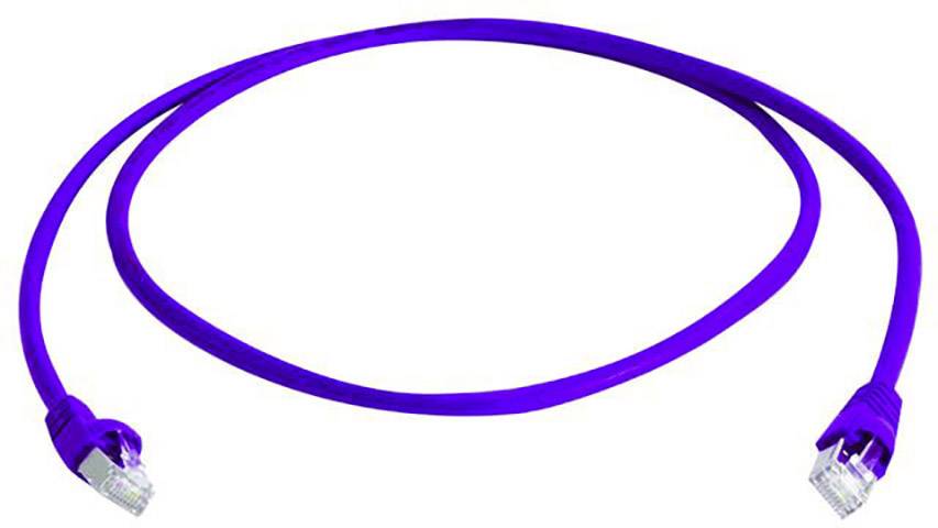 A purple Ethernet cable with two plugs at its ends, on a white background.