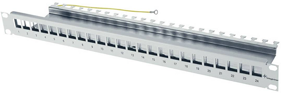 Patch panel with 24 ports, numbered from 1 to 24, and earthing cable. Used for organising and managing network cables.