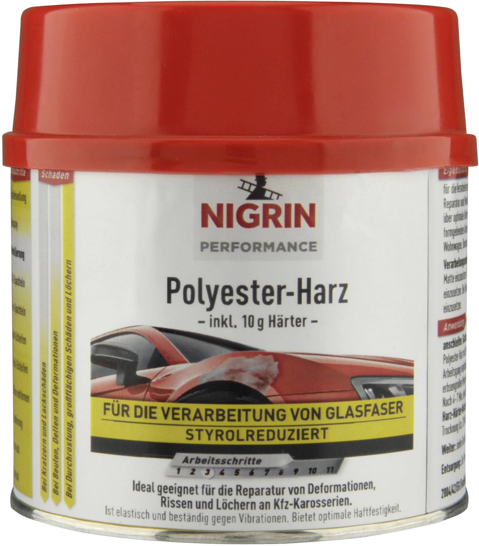 Tin with red lid, labelled 'Nigrin Polyester Resin', suitable for car repairs. Contains hardener, ideal for fibreglass processing.