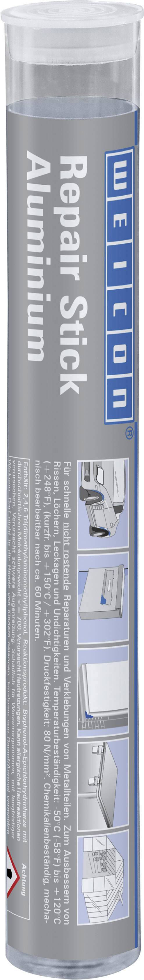 'Aluminium Repair Pen' by Weicon; grey tube with blue and white details, showing application images. Ideal for metal repairs.