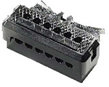 Black plastic plug with multiple holes and metal contacts; commonly used for electronic connections.