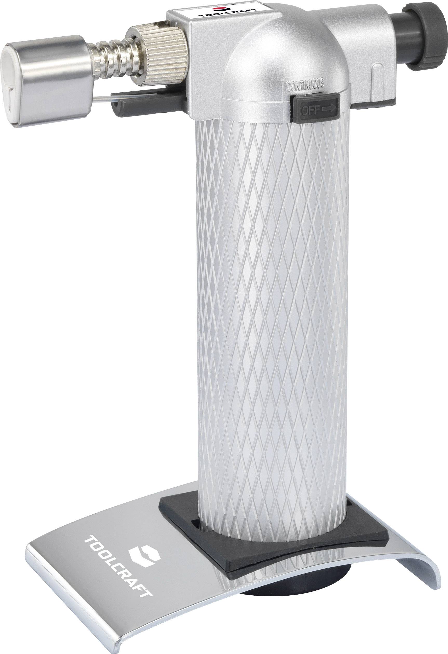 A silver butane gas burner with a non-slip handle and adjustable flame, mounted on a stable base stand.