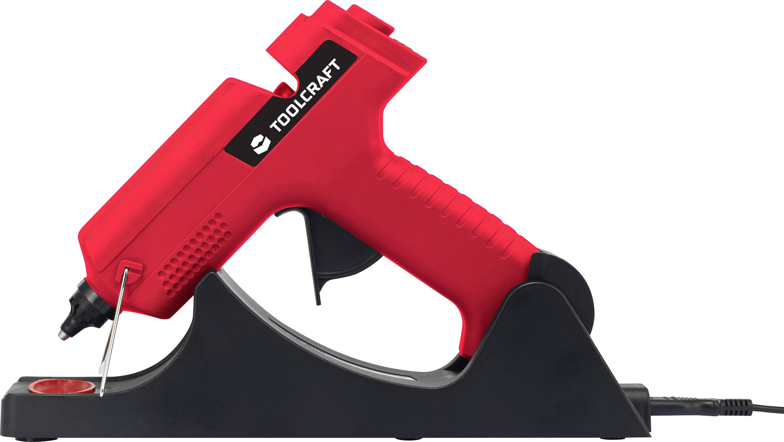 Red hot glue gun by Toolcraft on a black stand, positioned sideways, ready for use.