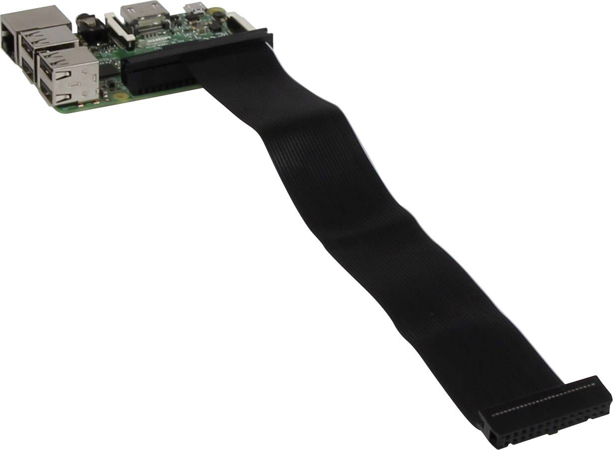 A Raspberry Pi with an attached ribbon cable for GPIO ports, suitable for various electronics projects and connections.