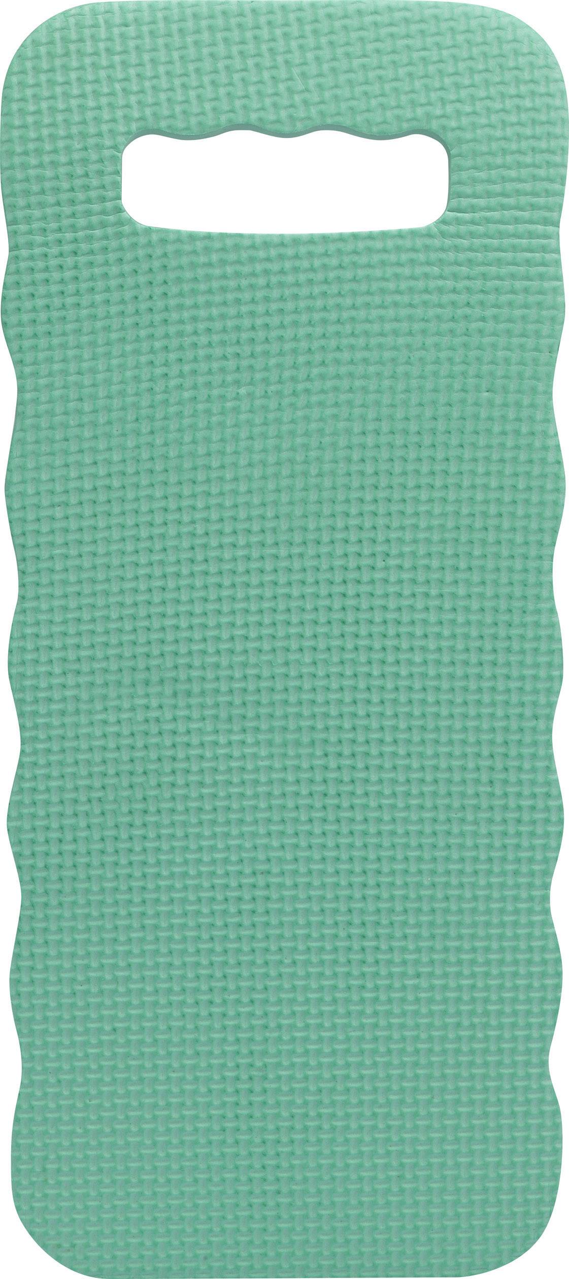 A green, rectangular foam cushion with wavy edges and a handle hole at the top, likely designed for gardening.