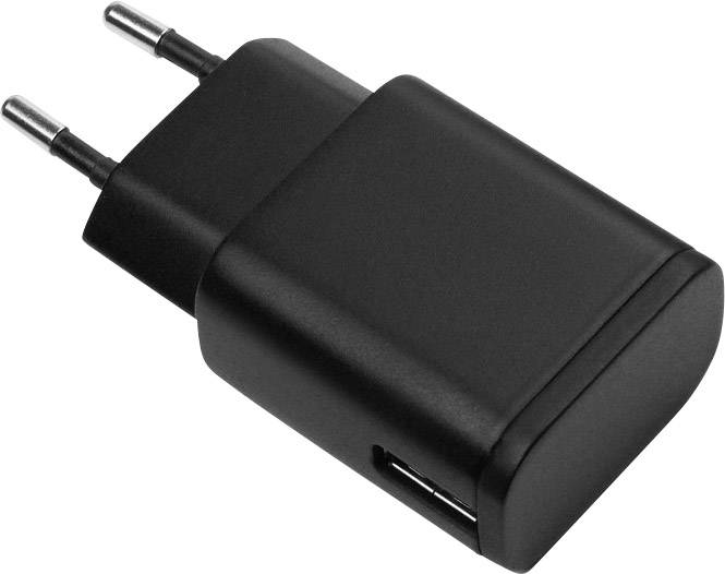Black USB charger with European plug, side view.
