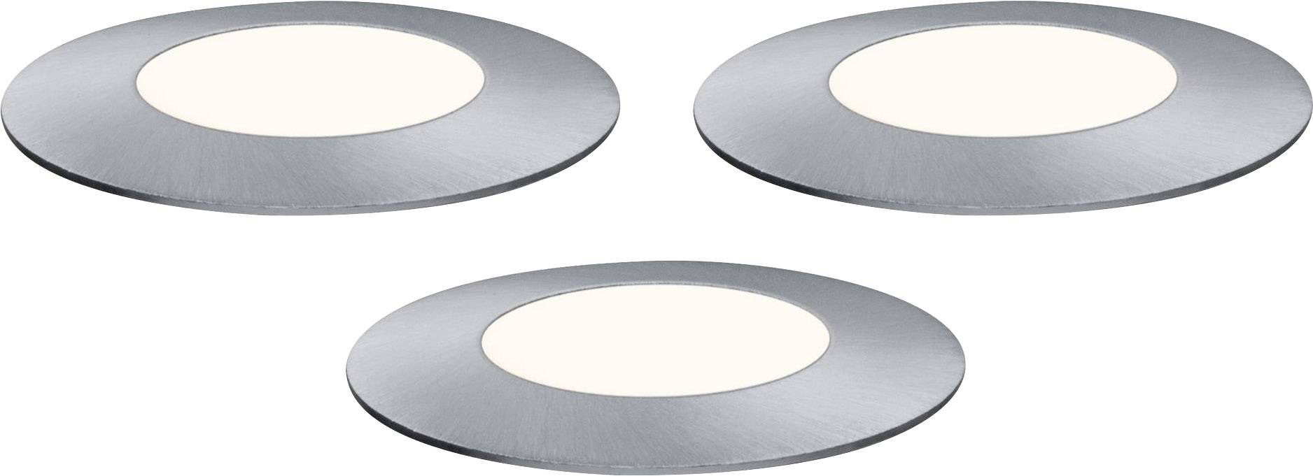 Three round LED recessed spotlights with silver bezels and white light in the centre, displayed side by side against a white background.